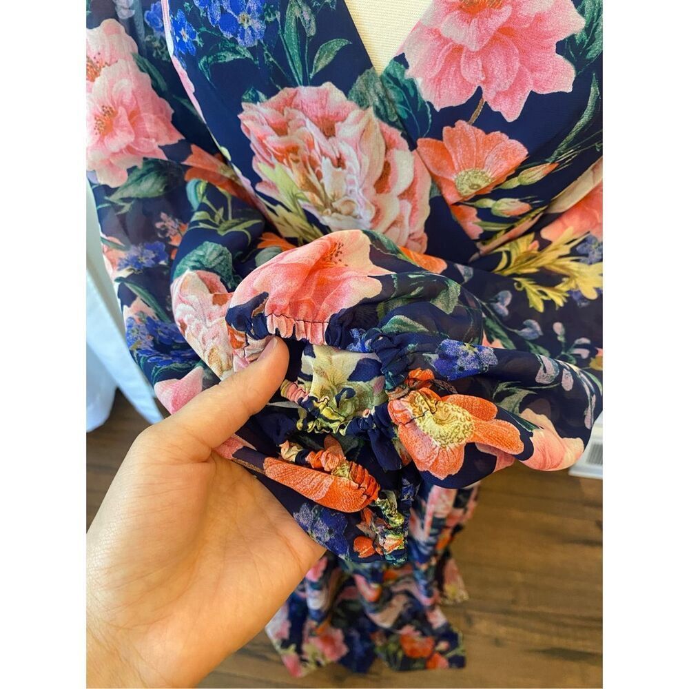 Eliza J Chiffon Chiffon Floral-Print Faux-Wrap Tiered Maxi Dress NEW Size 4 Blue - Picture 5 of 12